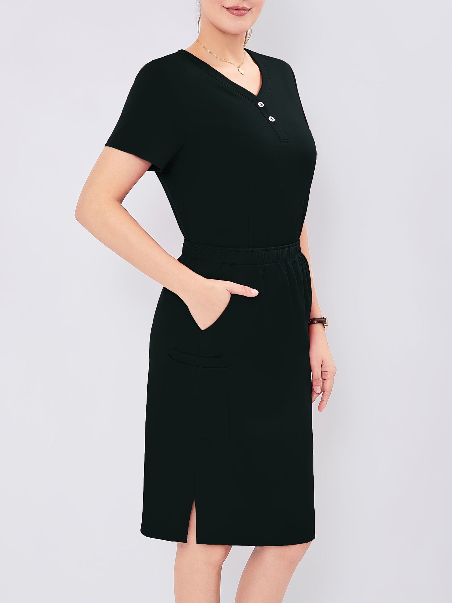 Women's V-Neck Scrub Skirt Set - Short Sleeve Pocket Uniform detail view