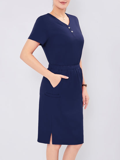 Women's V-Neck Scrub Skirt Set - Short Sleeve Pocket Uniform – Navy option – main product image