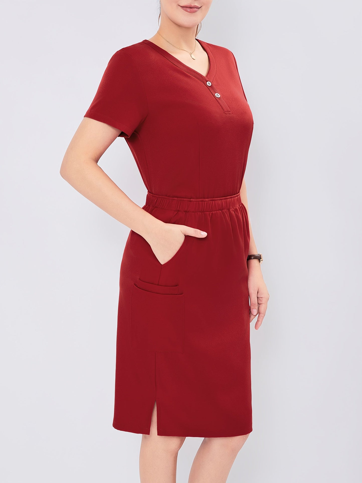 Women's V-Neck Scrub Skirt Set - Short Sleeve Pocket Uniform – Navy option – view 3