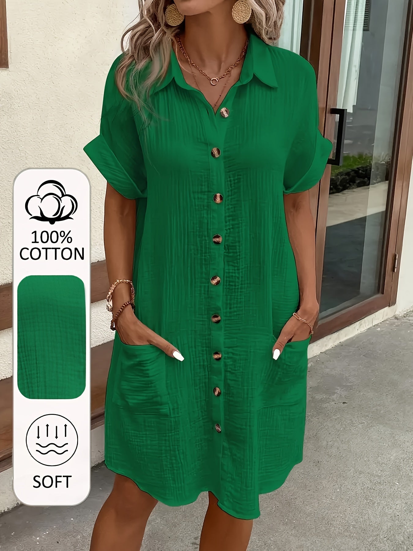 Women's V-Neck Shirt Dress - Button Front detail view