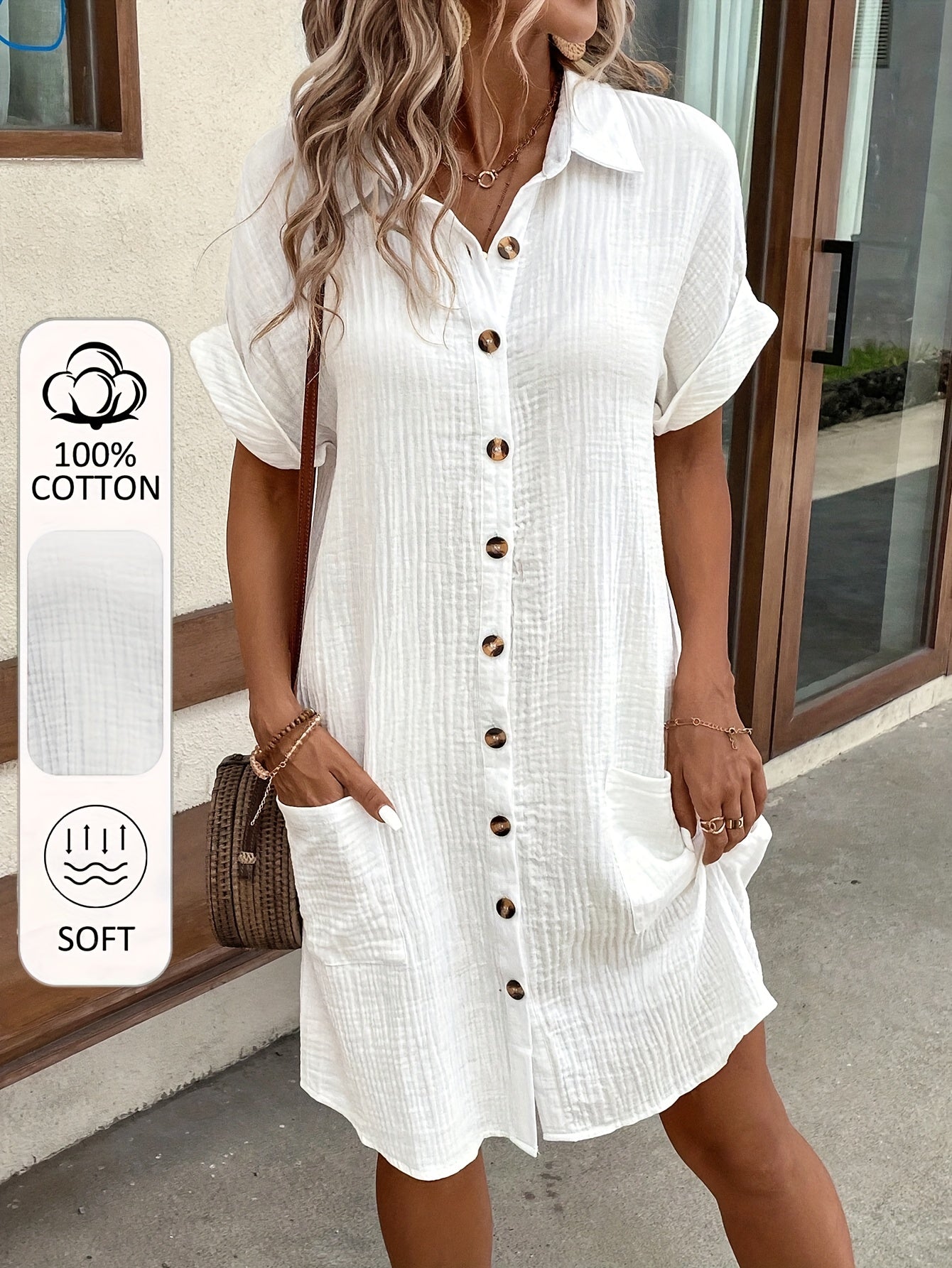Women's V-Neck Shirt Dress - Button Front detail view