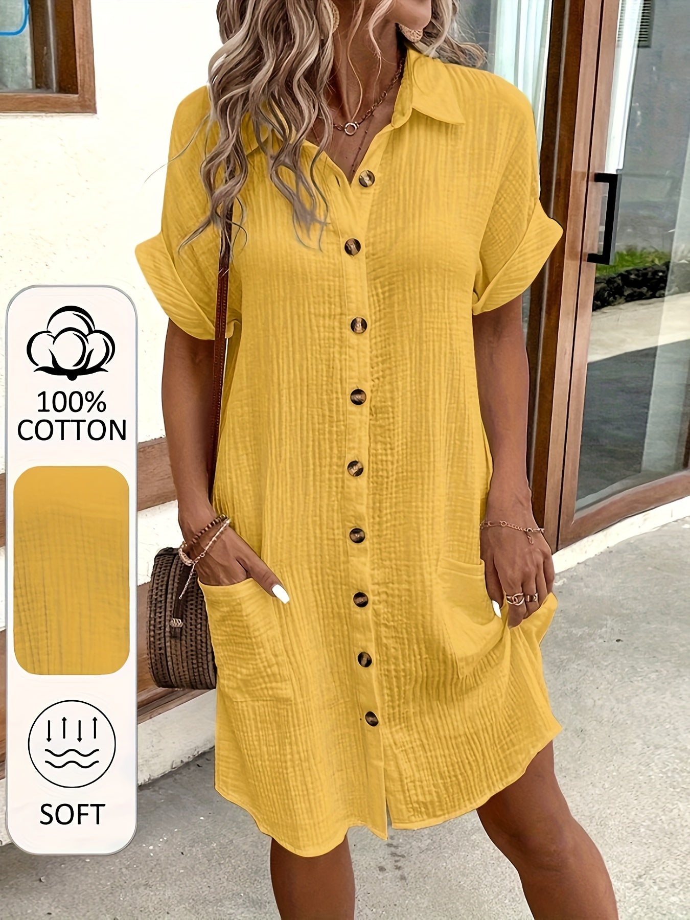 Women's V-Neck Shirt Dress - Button Front – White option – view 3