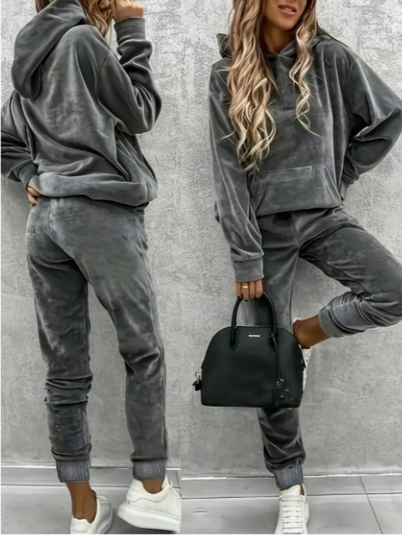 Women's Velvet Tracksuit Set - Hoodie and Sweatpants – Grey option – main product image