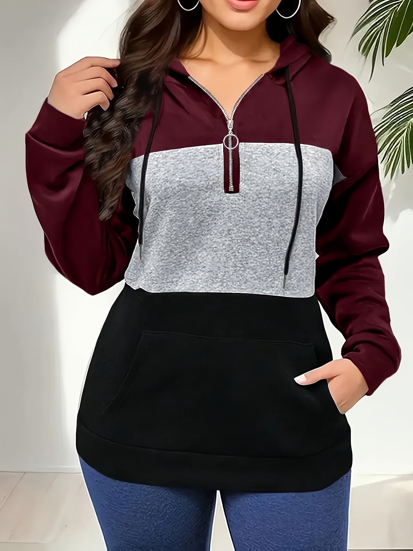 Women's Versatile Colorblock Zip-Up Hoodie – Sizes 4XL–5XL – main product image