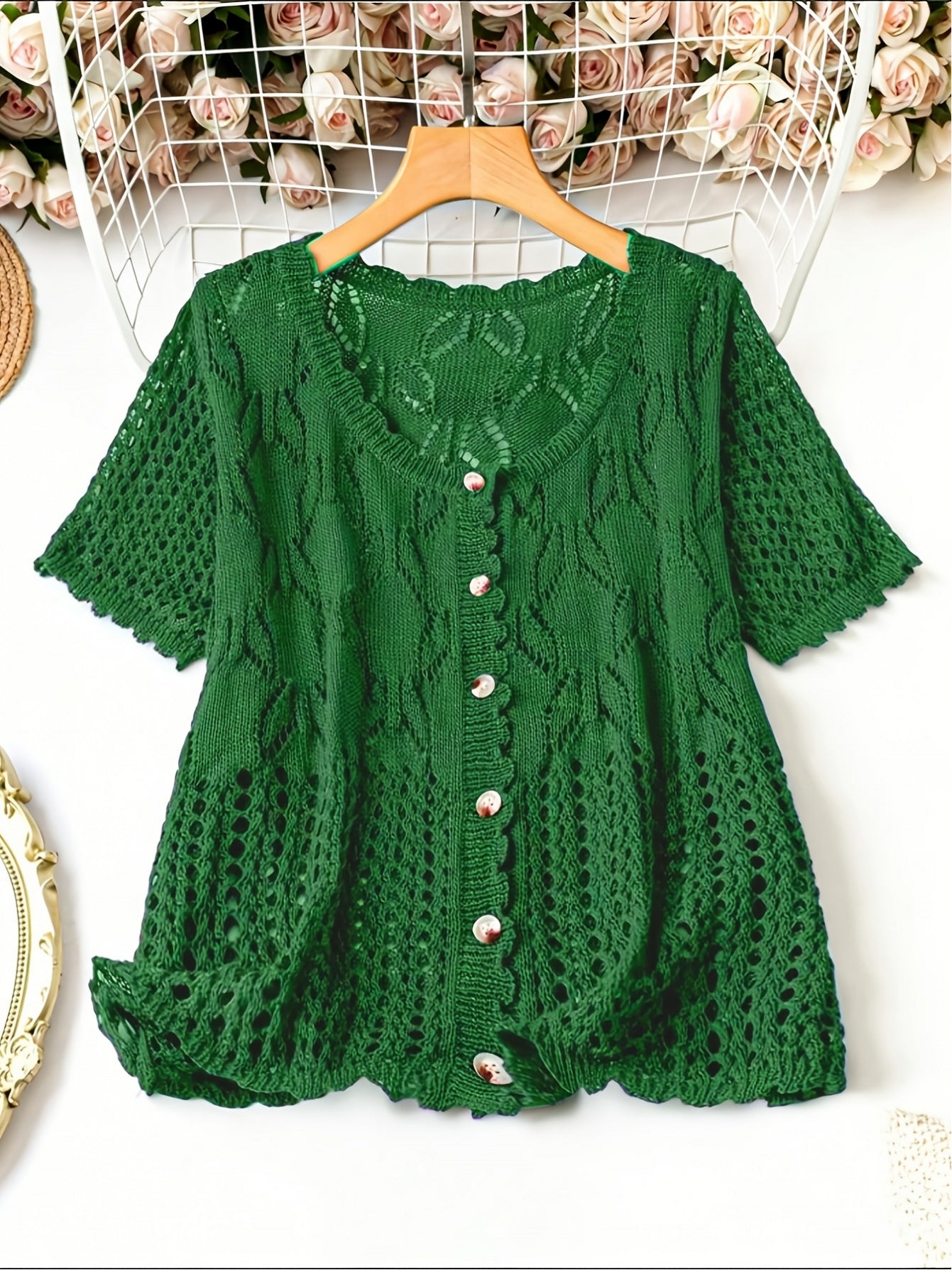 Women's Versatile Denim Button-Front Cardigan – White / Green detail view