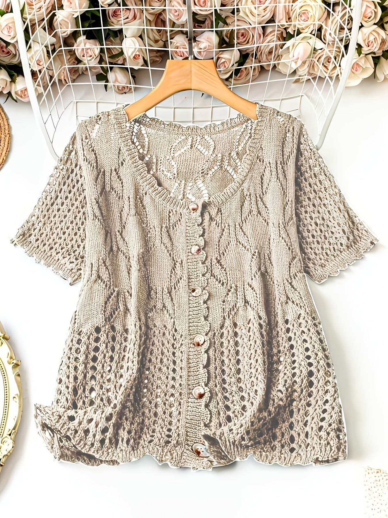 Women's Versatile Denim Button-Front Cardigan – White / Green detail view