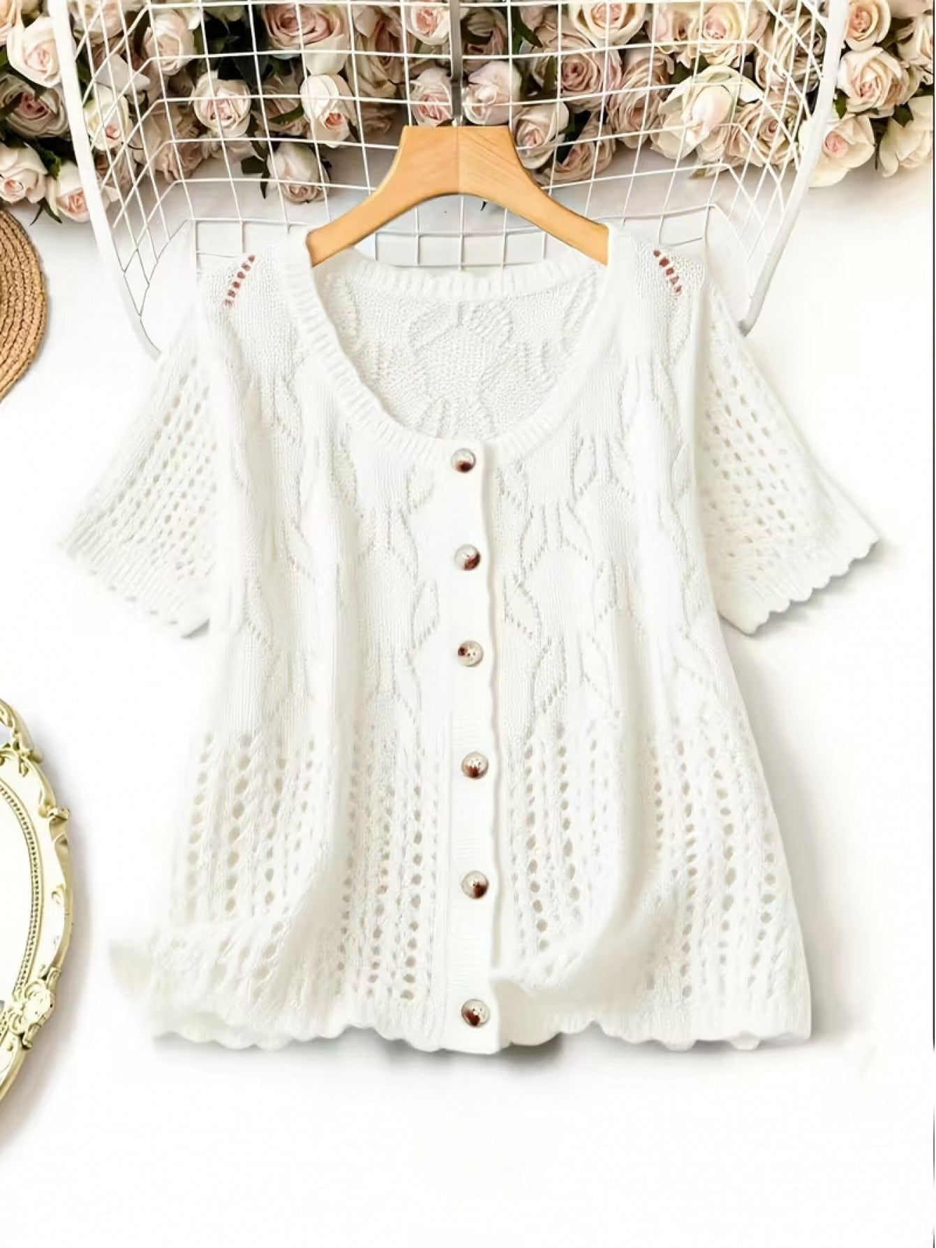 Women's Versatile Denim Button-Front Cardigan – White / Green – White option – view 2