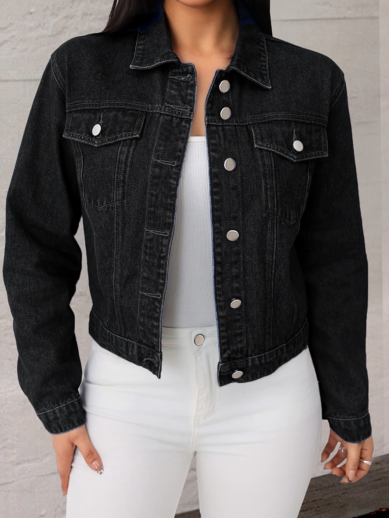 Women's Versatile Denim Button-Front Jacket – Black / Sizes S–XXL detail view