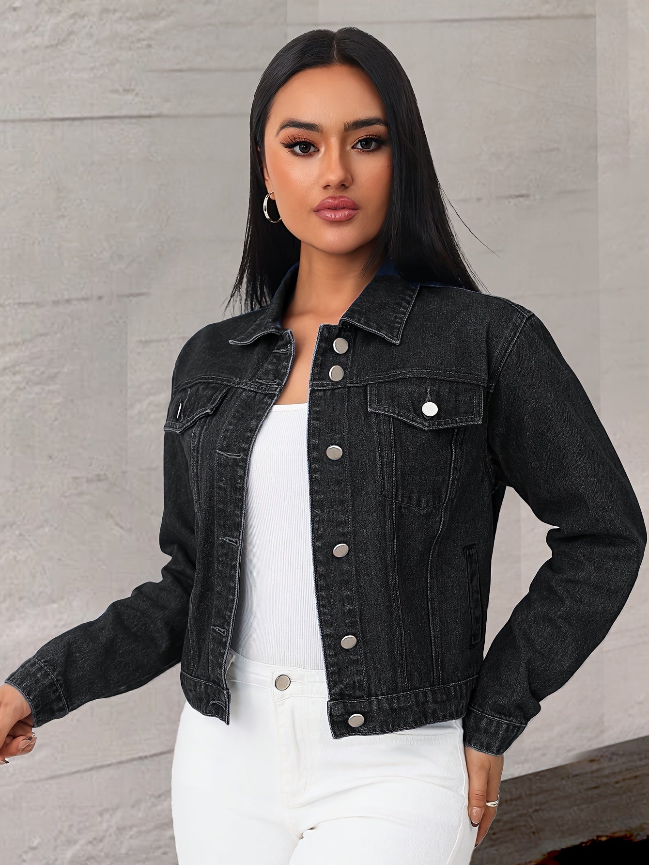 Women's Versatile Denim Button-Front Jacket – Black / Sizes S–XXL detail view