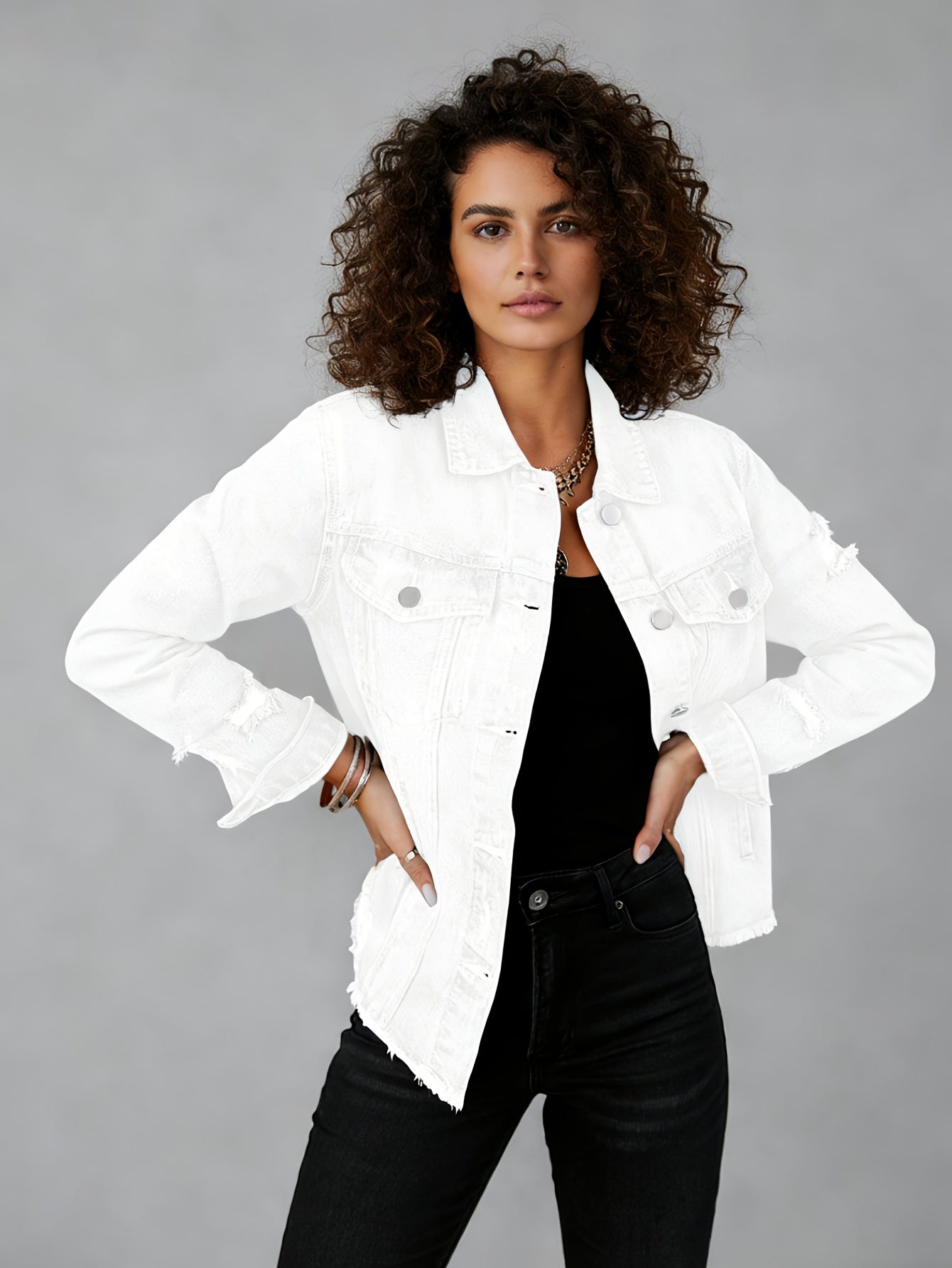 Women's Versatile Denim Button-Front Jacket – Light Blue detail view
