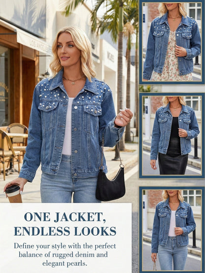 Women's Versatile Denim Button-Front Jacket – Medium Blue Denim Wash 61157 detail view