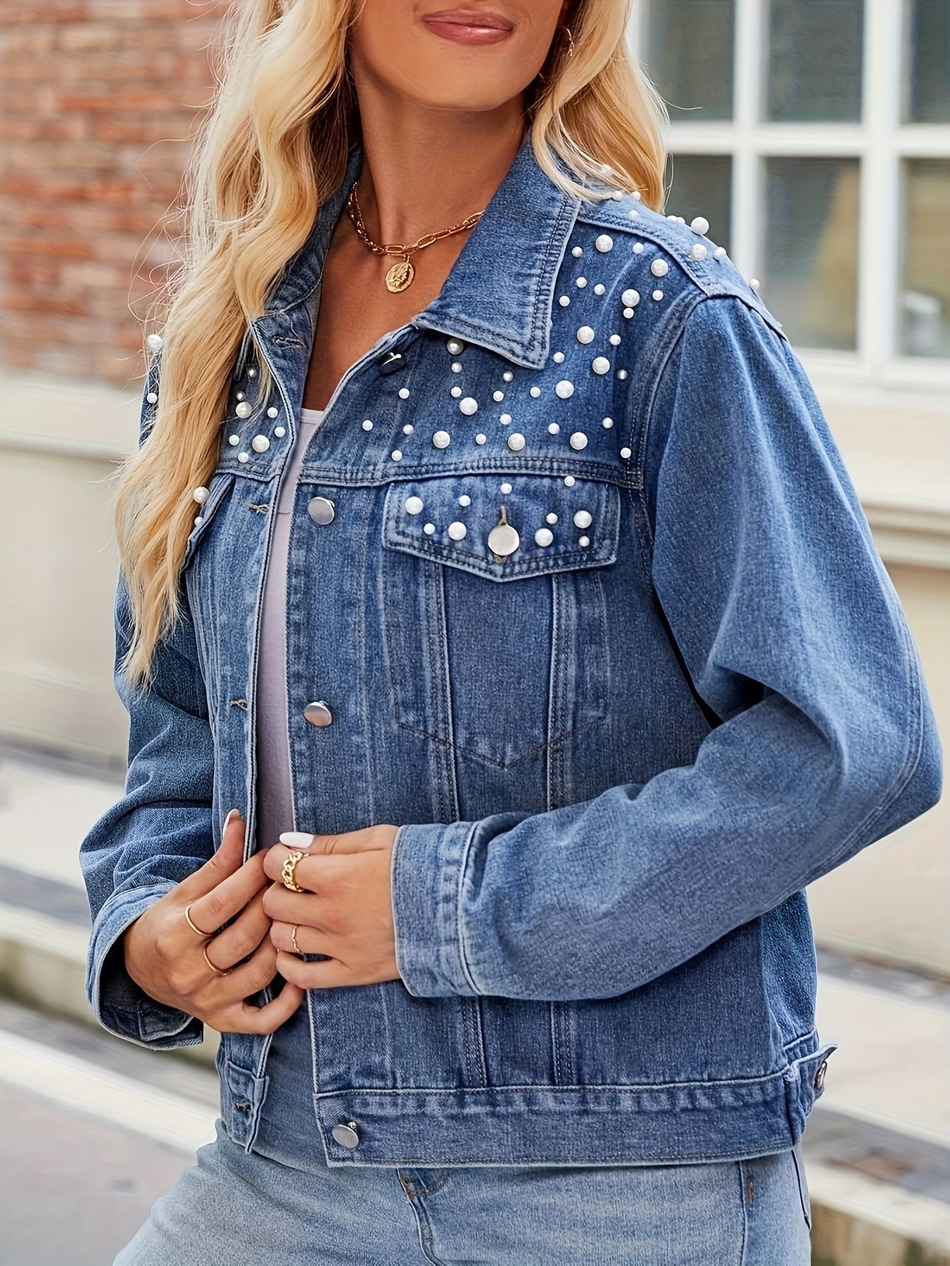 Women's Versatile Denim Button-Front Jacket – Medium Blue Denim Wash 61157 detail view