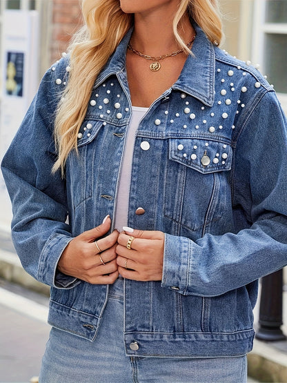 Women's Versatile Denim Button-Front Jacket – Medium Blue Denim Wash 61157 detail view