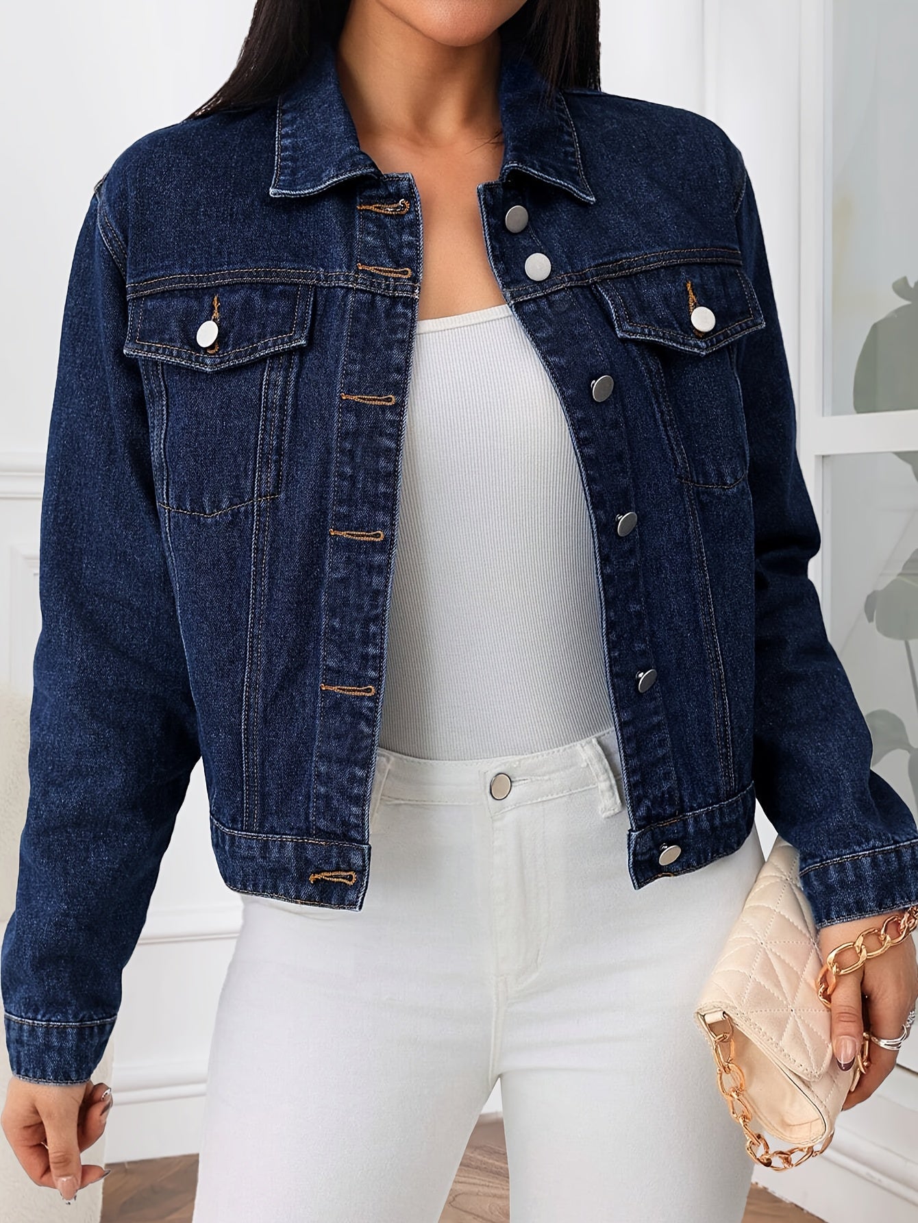 Women's Versatile Denim Button-Front Jacket – Medium Blue Long-Sleeve – view 4