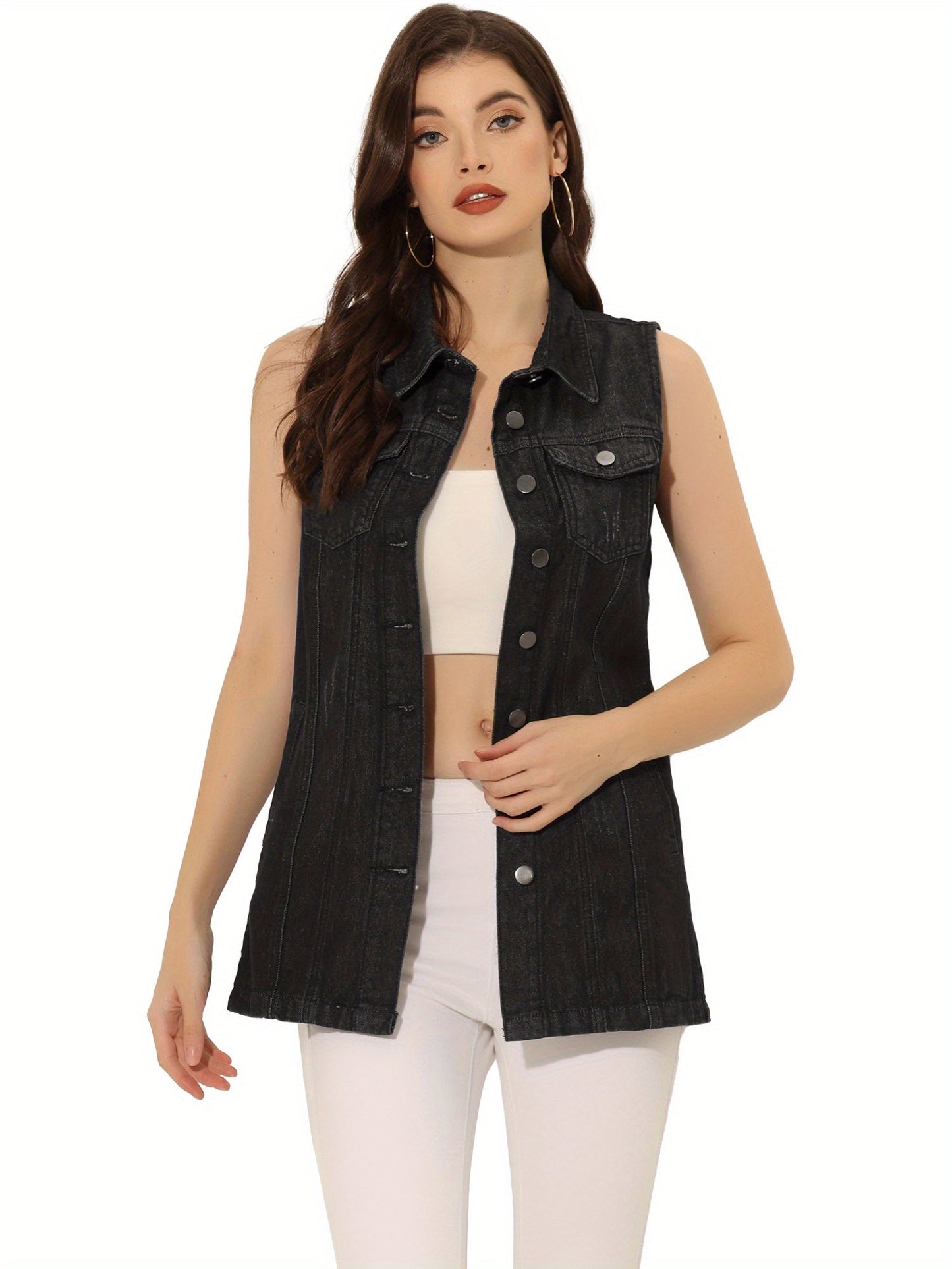 Women's Versatile Denim Button-Front Vest detail view