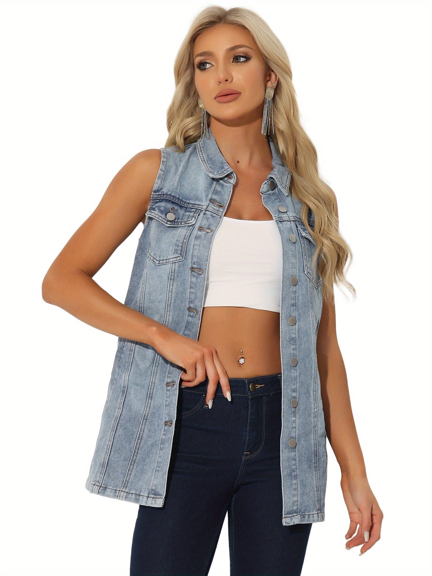Women's Versatile Denim Button-Front Vest detail view