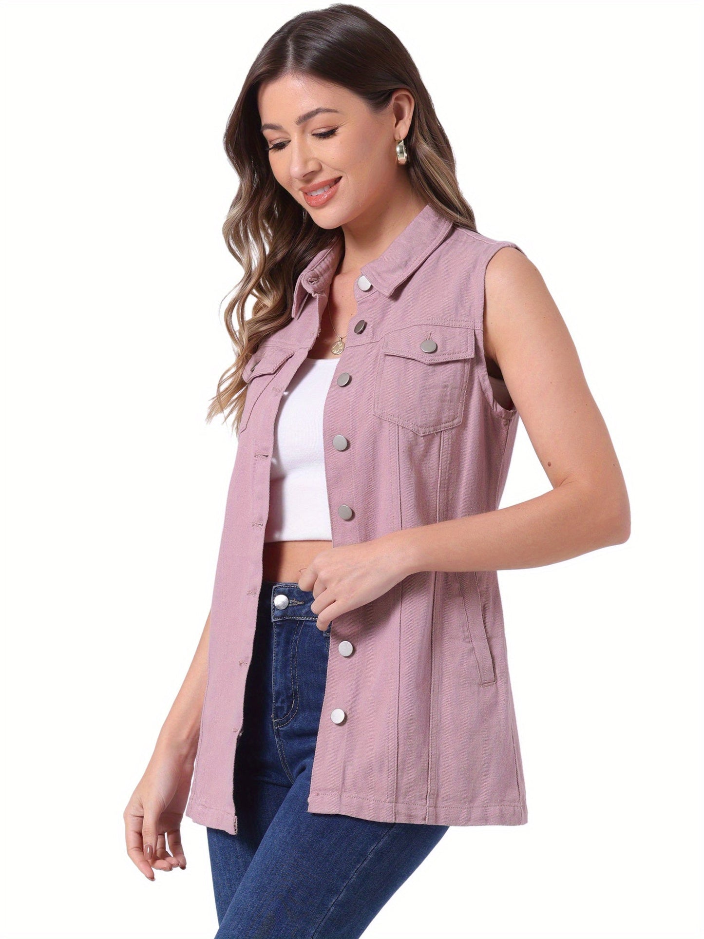 Women's Versatile Denim Button-Front Vest detail view