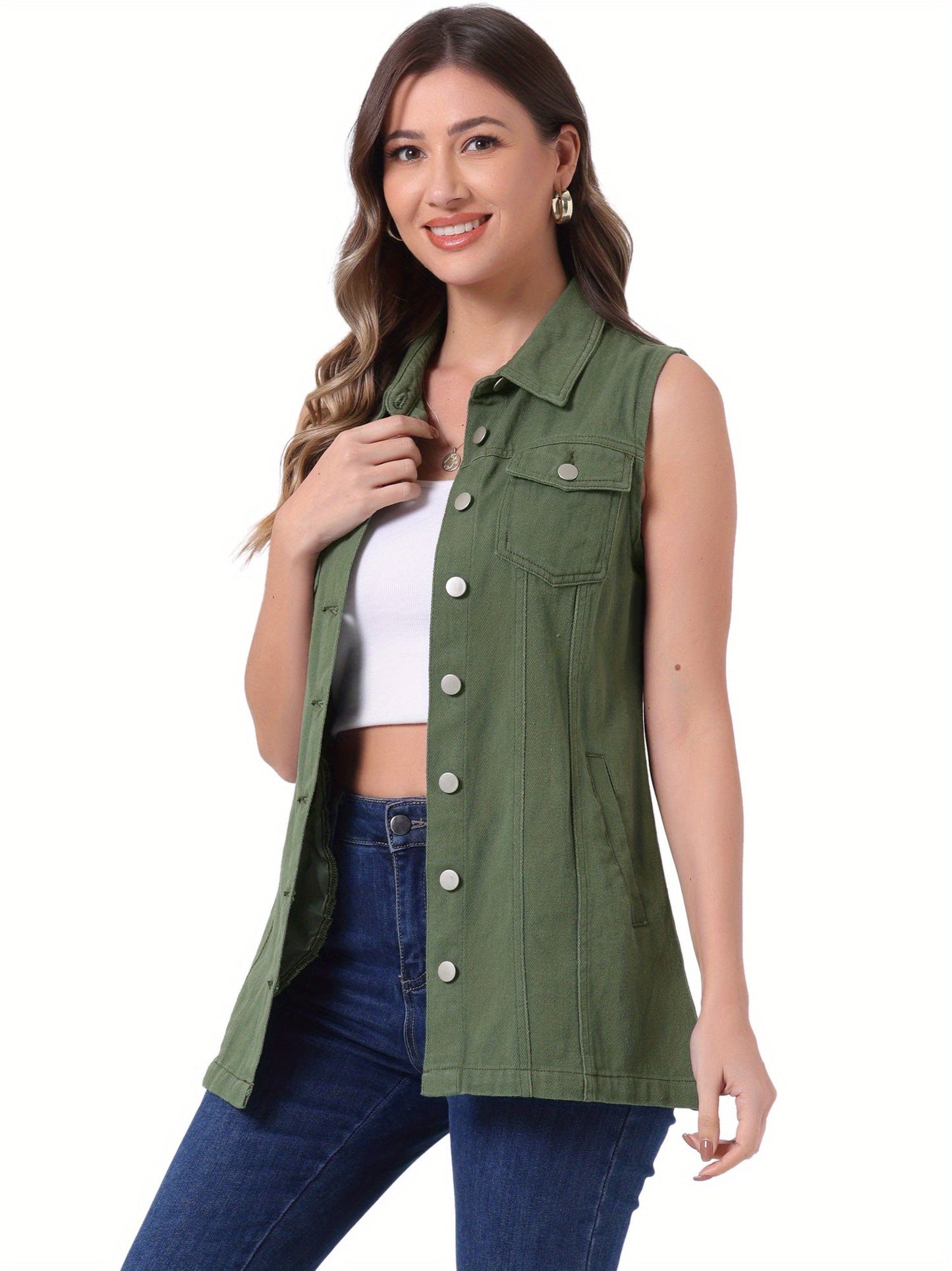 Women's Versatile Denim Button-Front Vest detail view