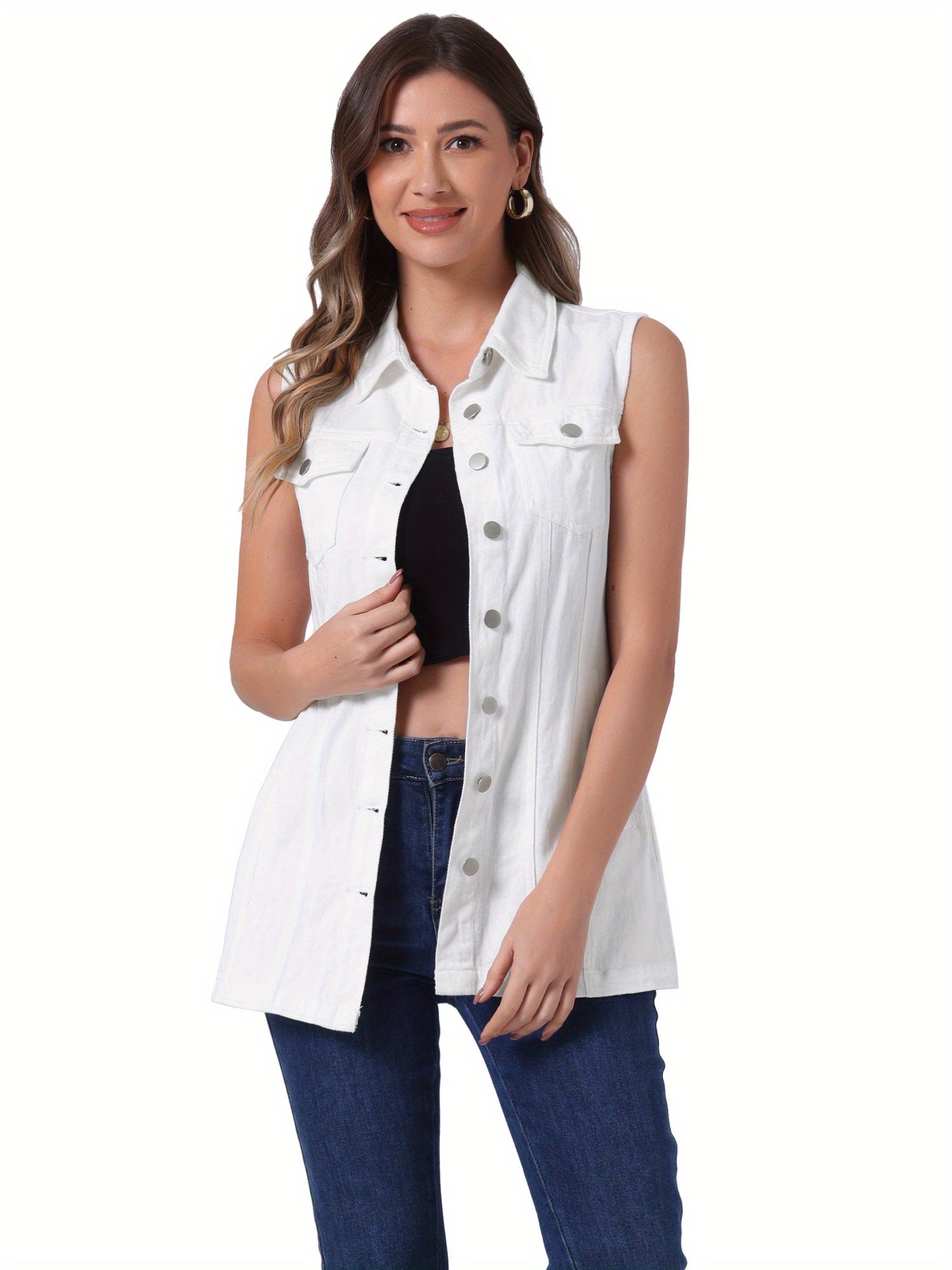 Women's Versatile Denim Button-Front Vest detail view