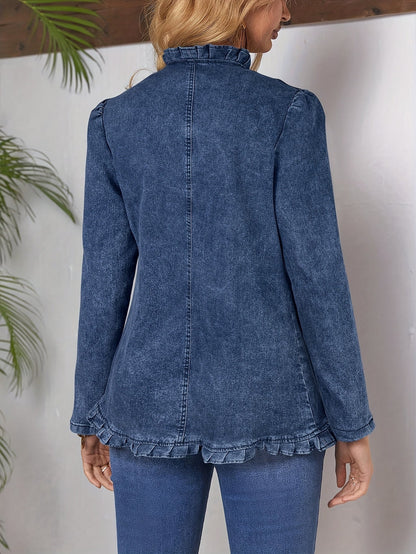 Women's Versatile Denim Double-Breasted Blazer – Blue detail view