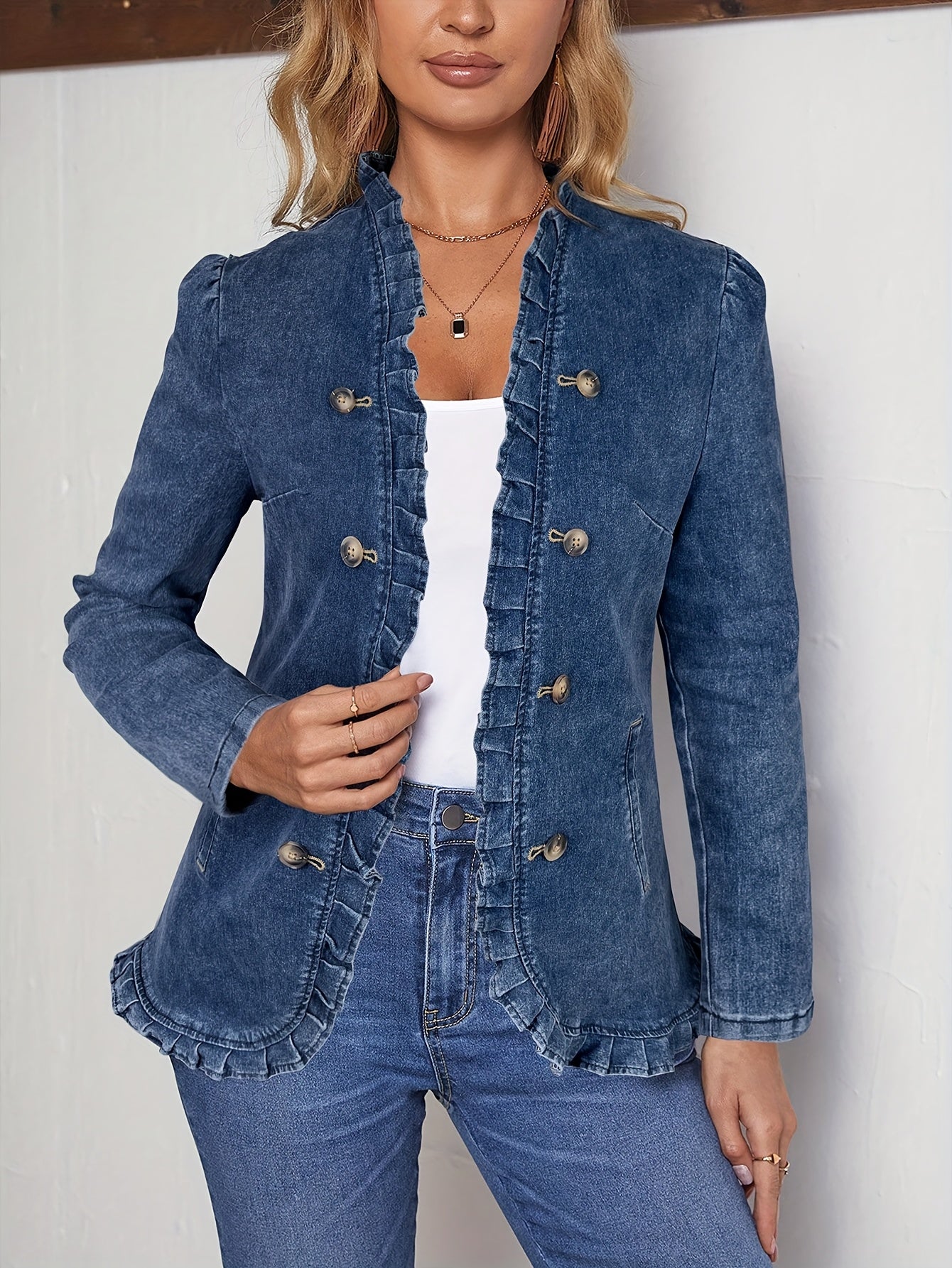 Women's Versatile Denim Double-Breasted Blazer – Blue detail view