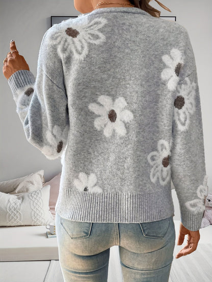 Women's Versatile Denim Floral Cardigan – Light Grey detail view