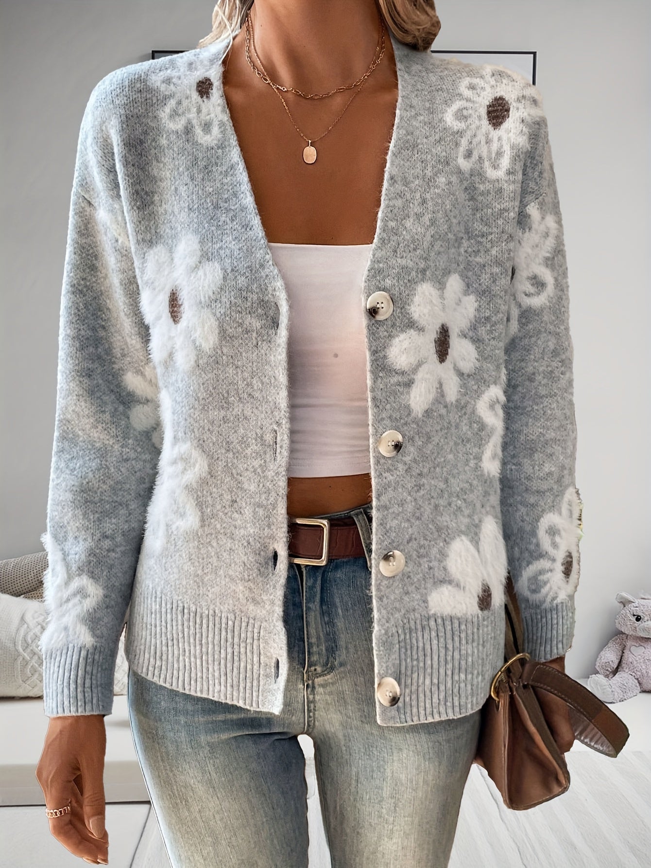 Women's Versatile Denim Floral Cardigan – Light Grey detail view