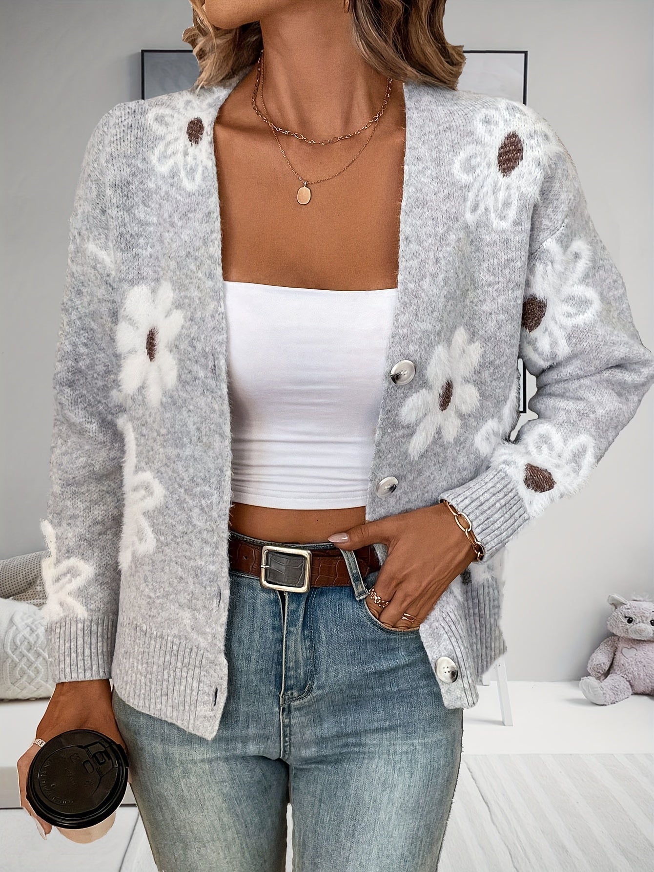 Women's Versatile Denim Floral Cardigan – Light Grey – Grey option – main product image