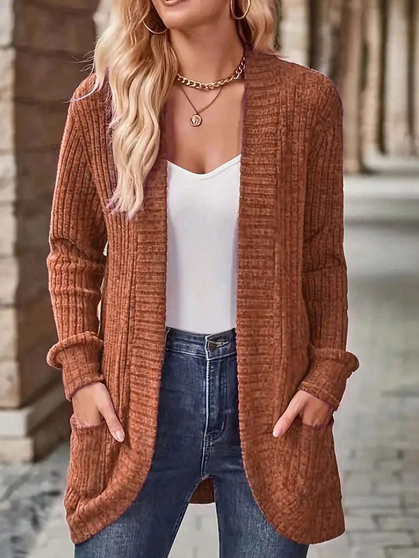 Women's Versatile Denim Open-Front Cardigan – Bronze / Black – main product image