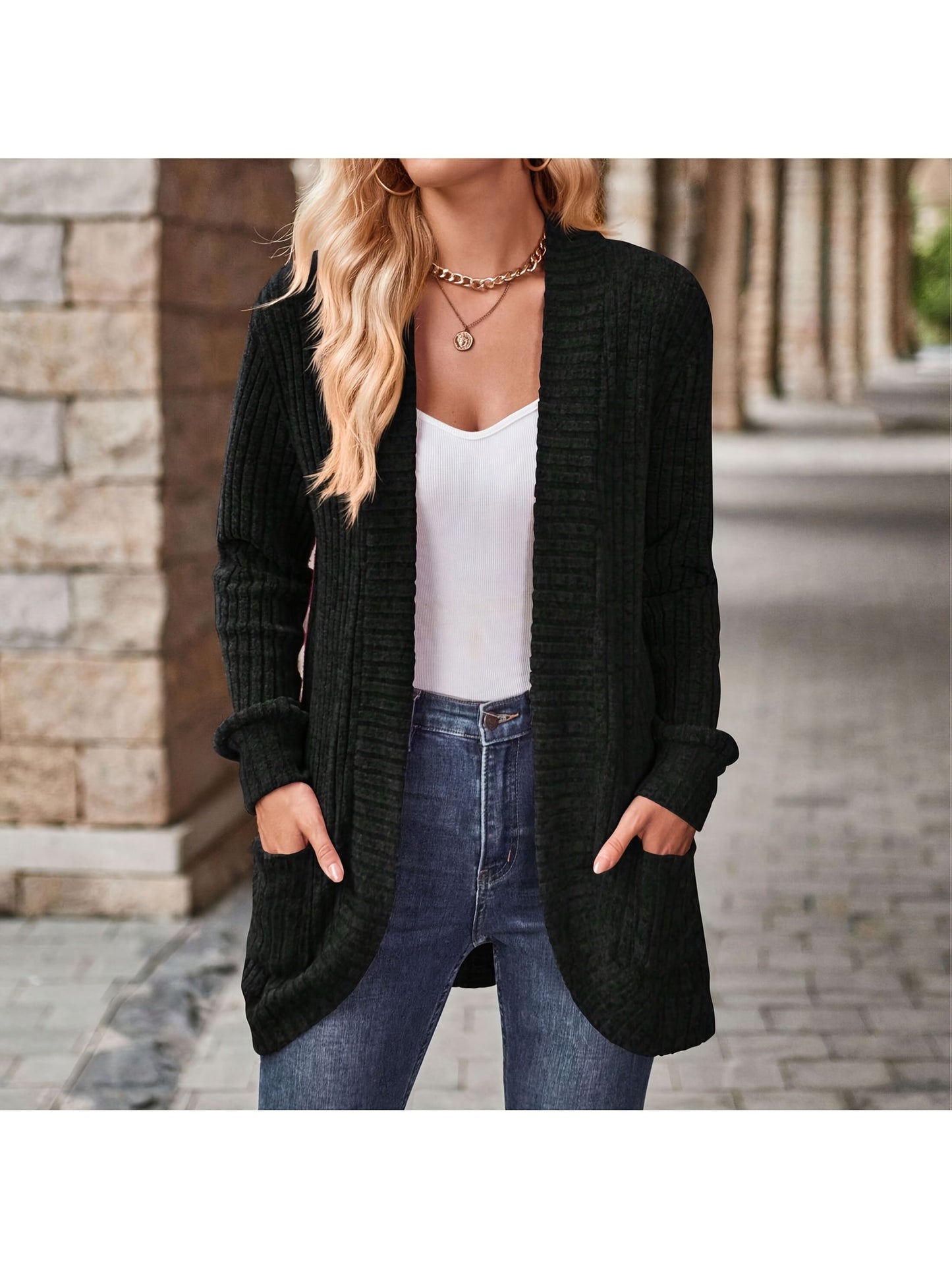 Women's Versatile Denim Open-Front Cardigan – Bronze / Black – view 2