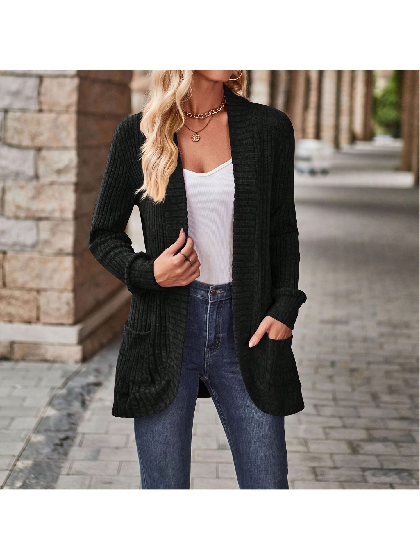 Women's Versatile Denim Open-Front Cardigan – Bronze / Black detail view