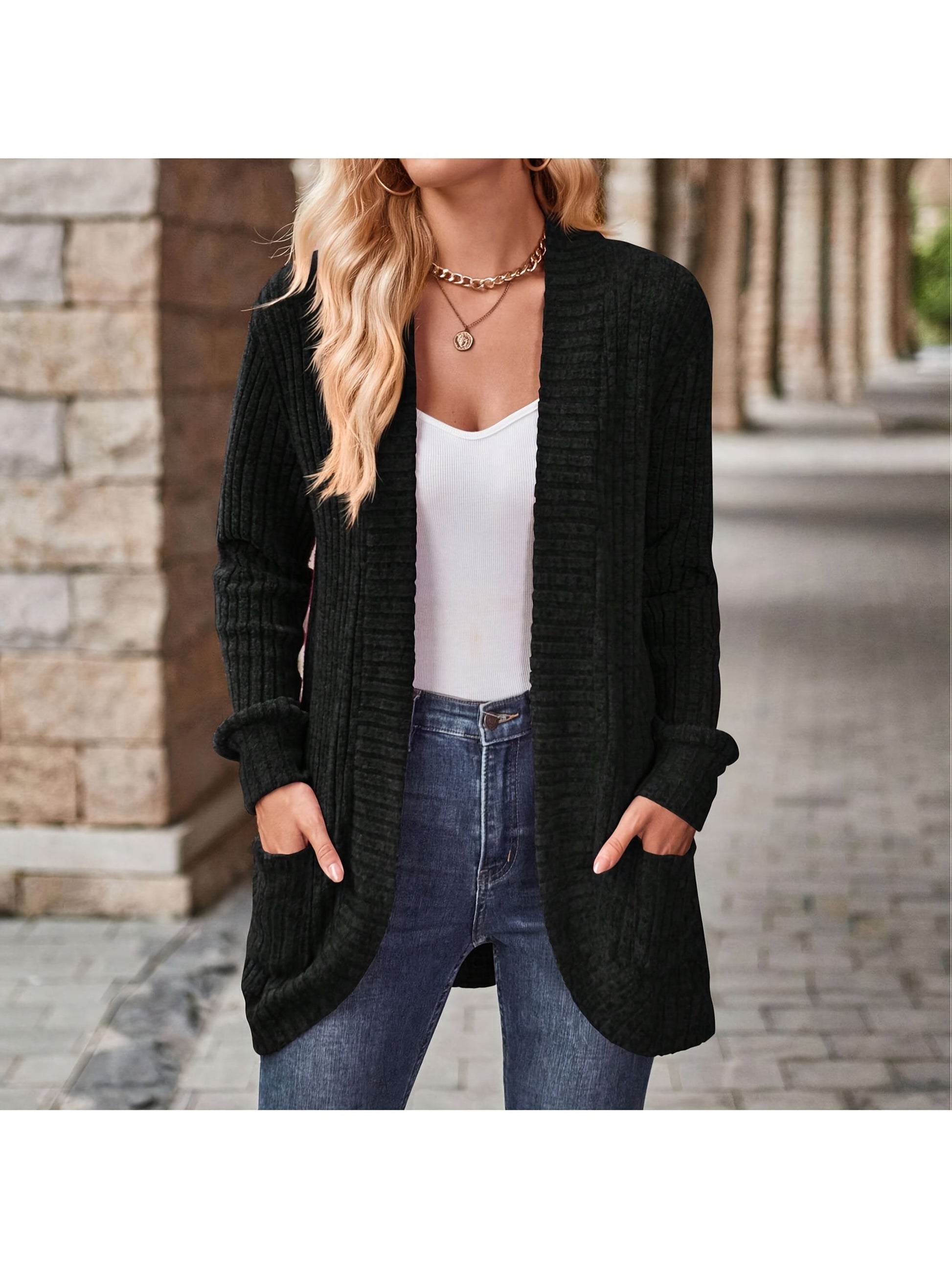 Women's Versatile Denim Open-Front Cardigan – Bronze / Black detail view