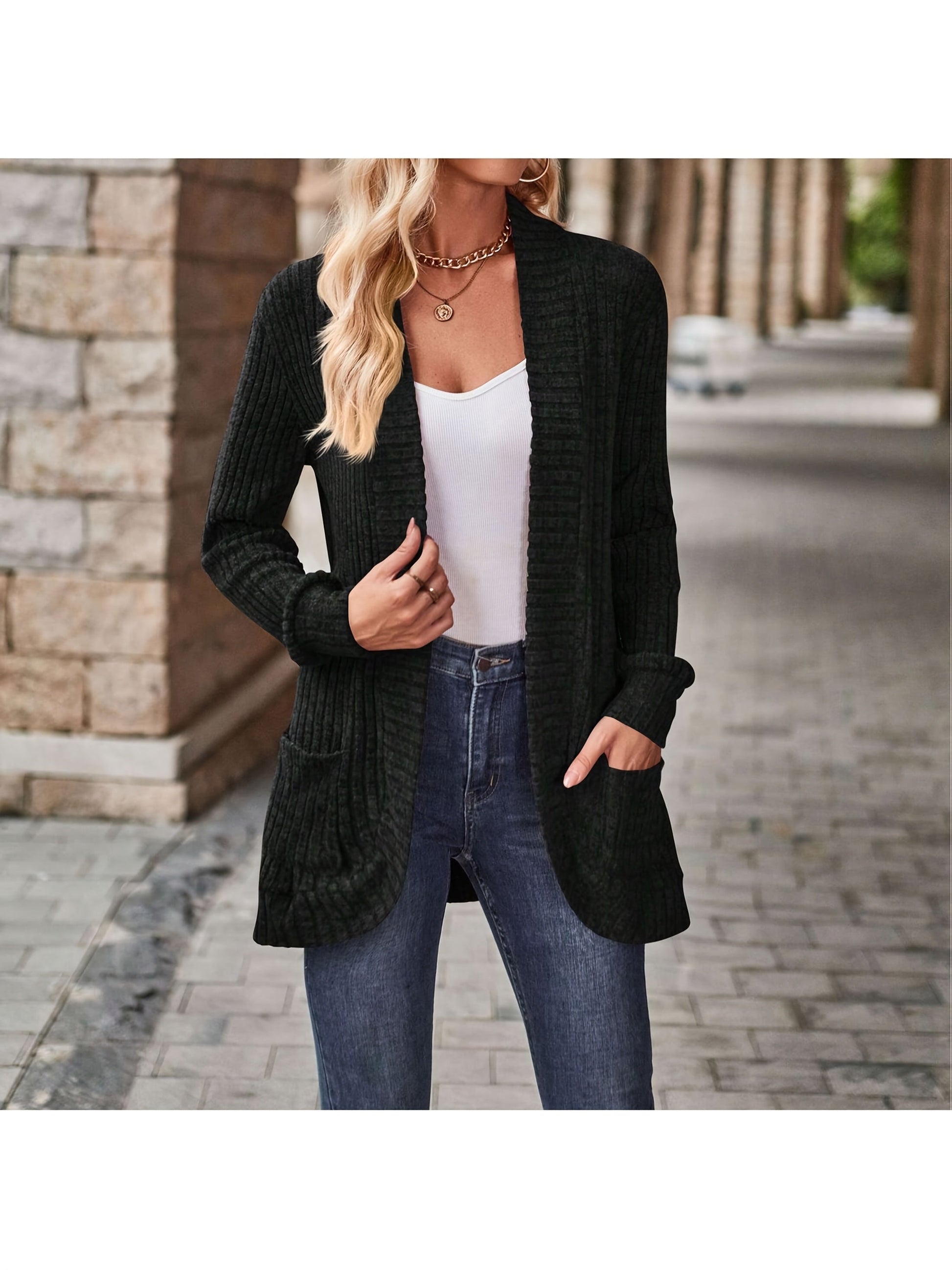 Women's Versatile Denim Open-Front Cardigan – Bronze / Black detail view