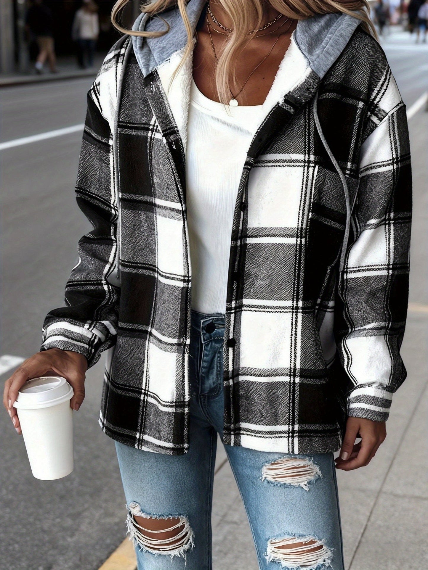 Women's Versatile Denim Plaid Jacket – Black / Red detail view