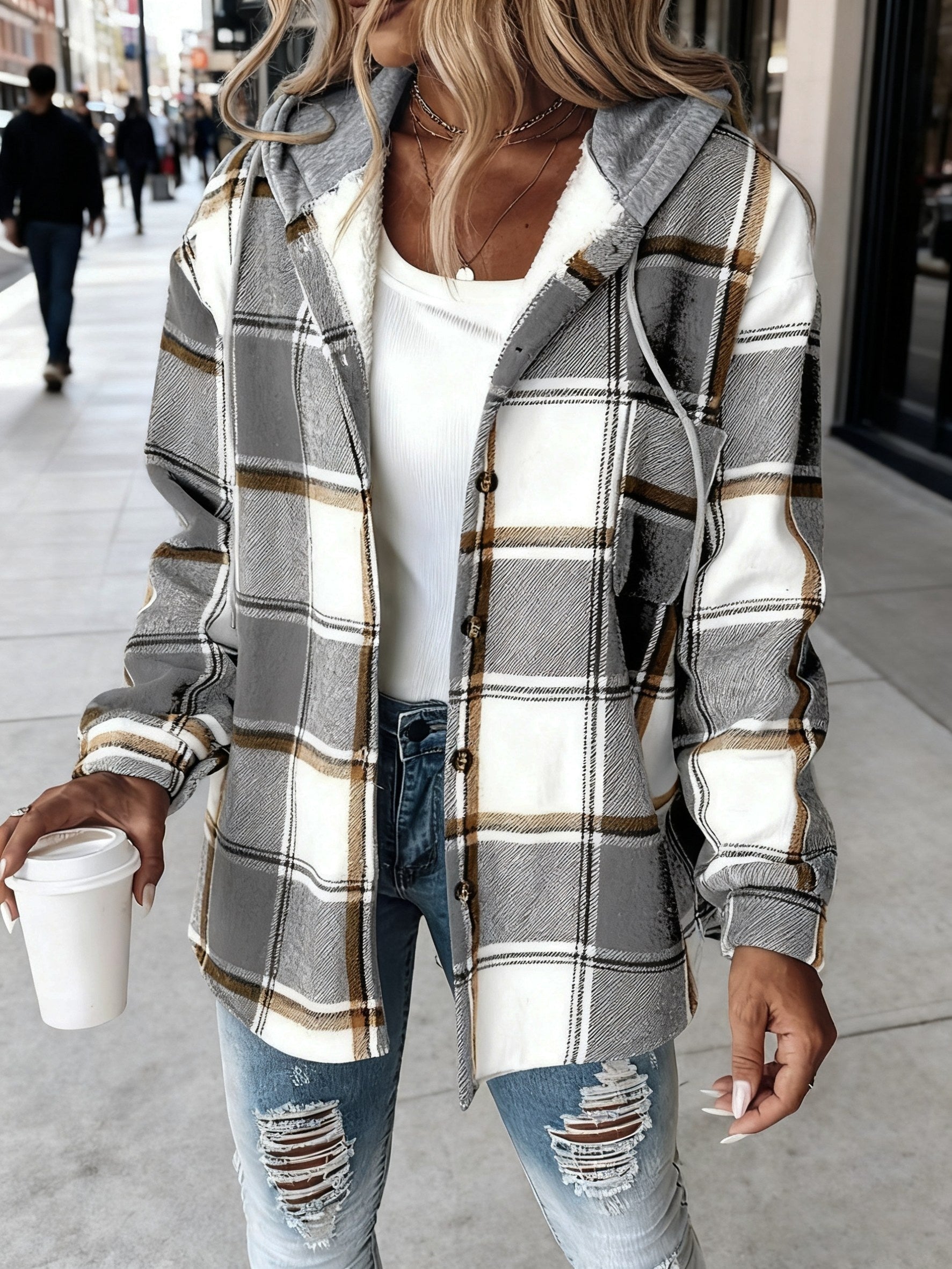 Women's Versatile Denim Plaid Jacket – Black / Red detail view