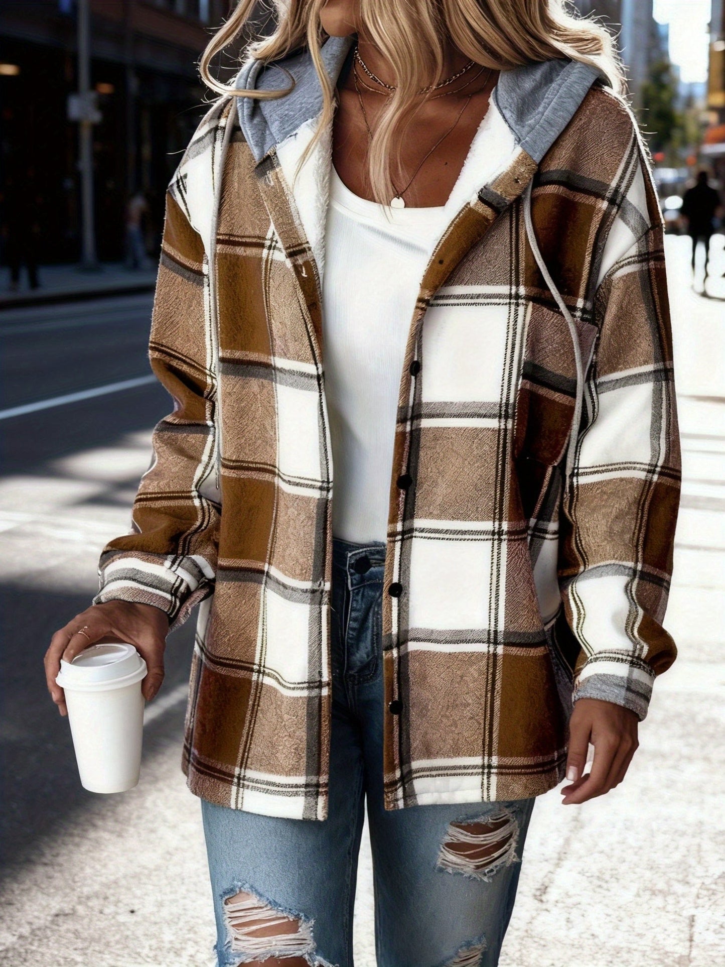 Women's Versatile Denim Plaid Jacket – Black / Red detail view