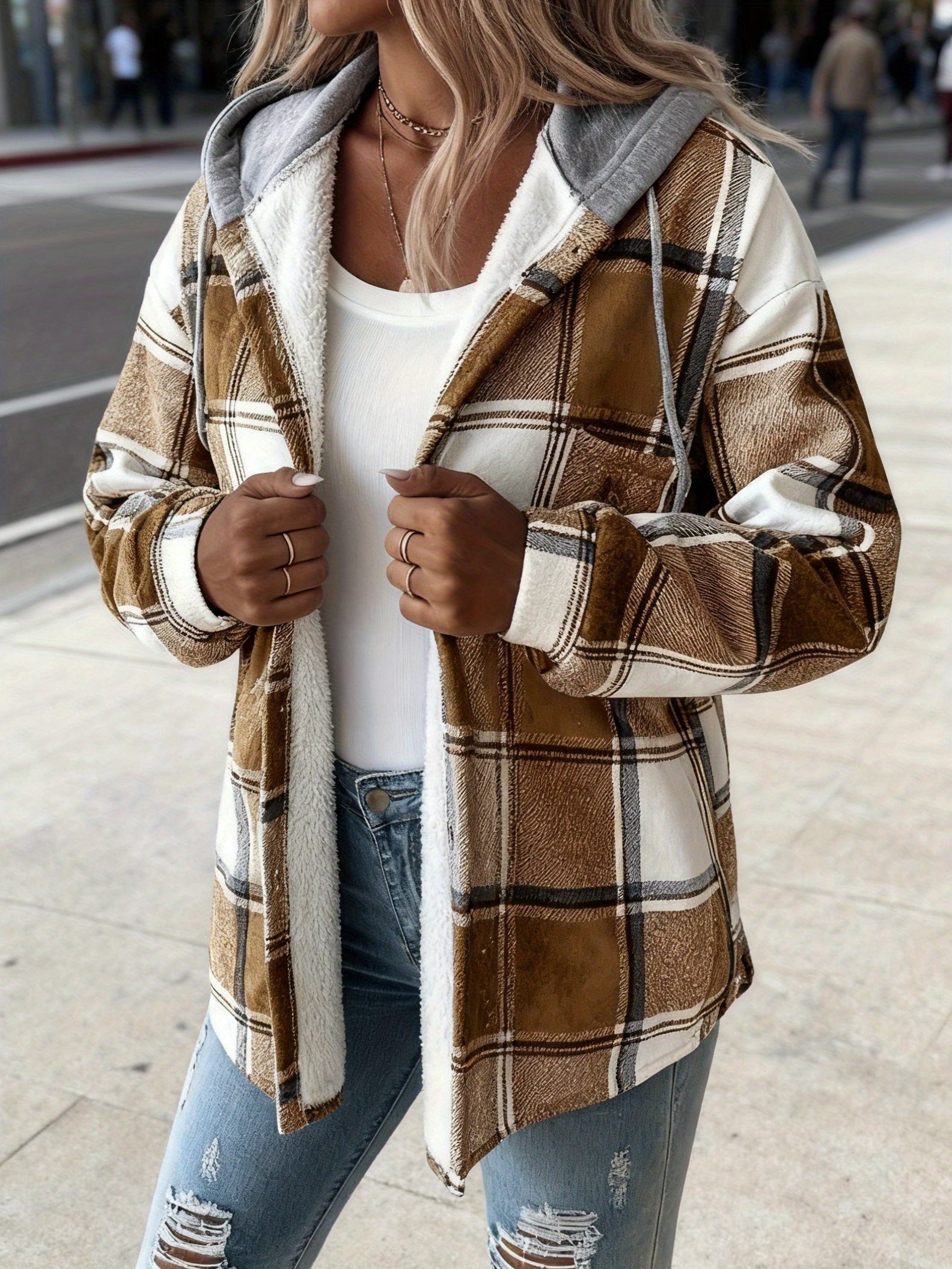 Women's Versatile Denim Plaid Jacket – Black / Red detail view