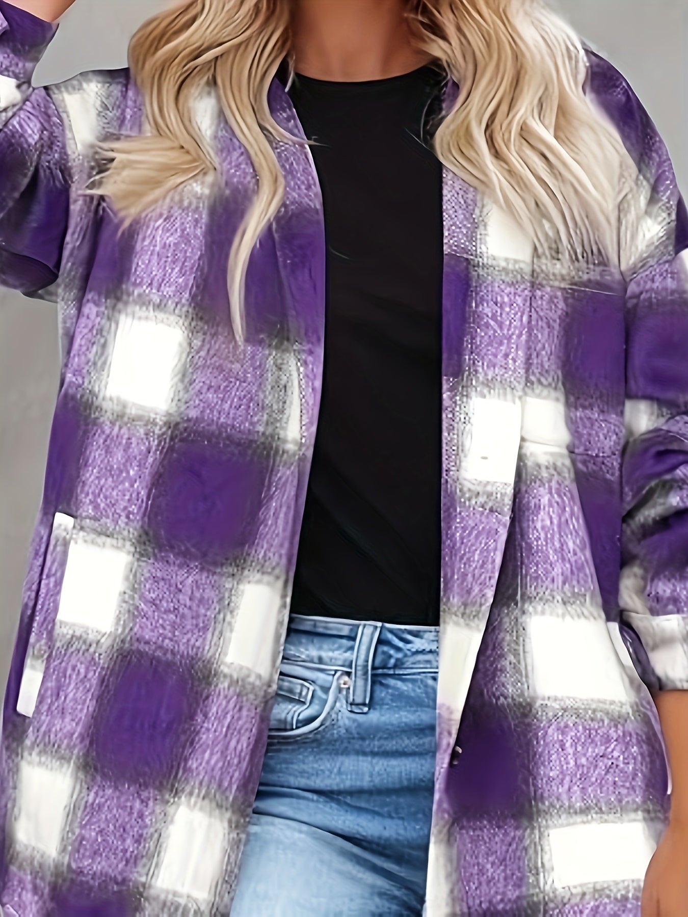 Women's Versatile Denim Plaid Jacket – Khaki / Purple detail view