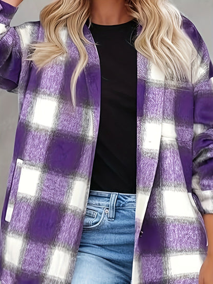 Women's Versatile Denim Plaid Jacket – Khaki / Purple detail view