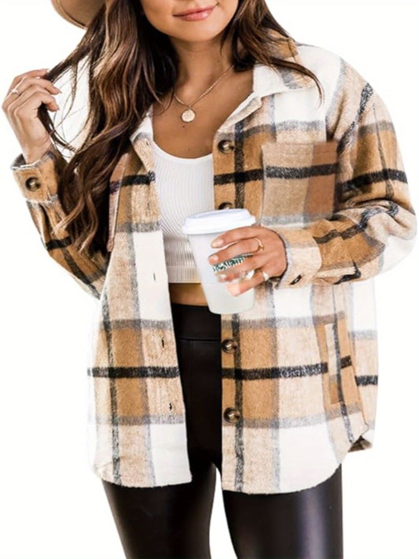 Women's Versatile Denim Plaid Jacket – Khaki / Purple detail view