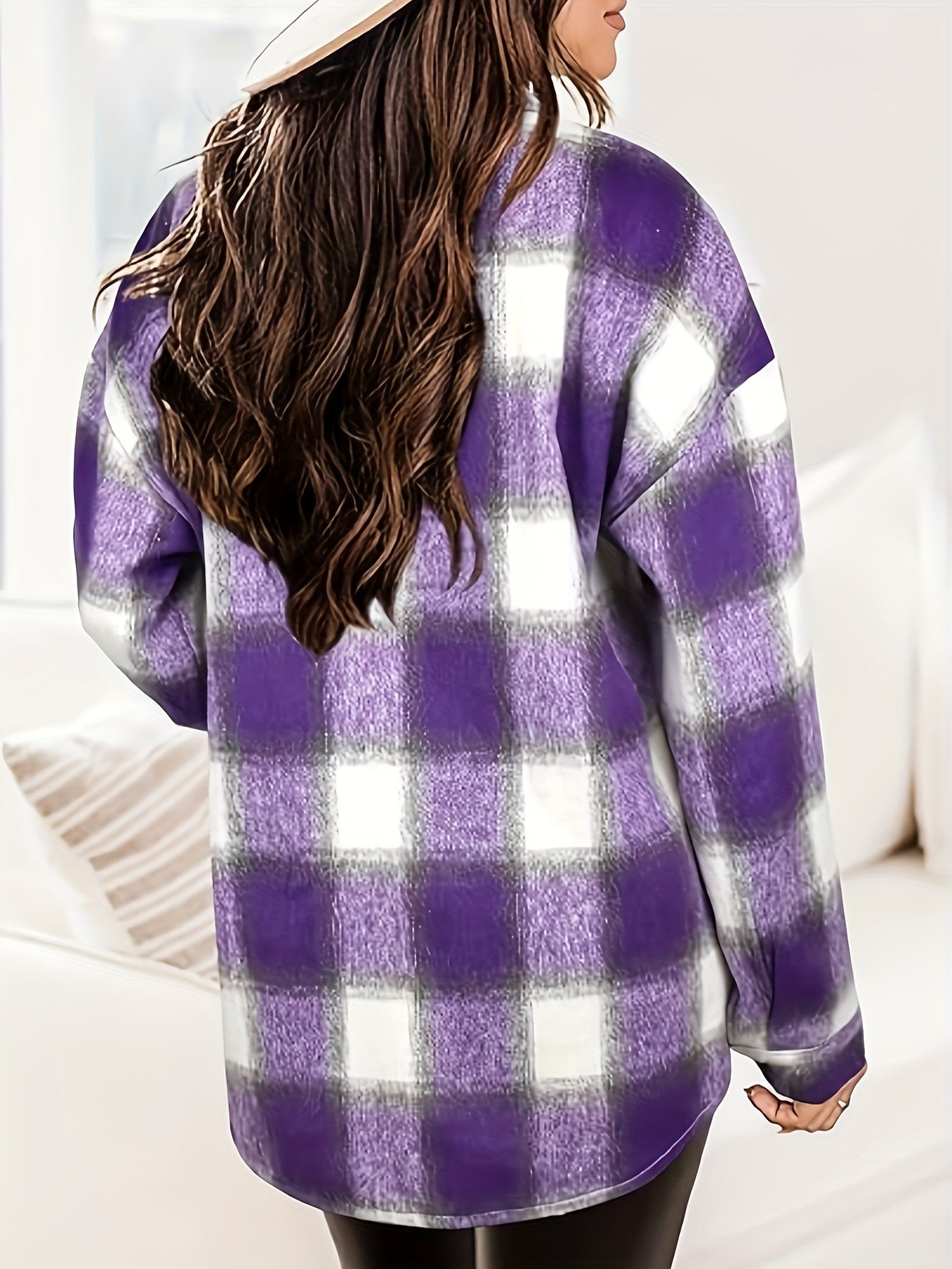 Women's Versatile Denim Plaid Jacket – Khaki / Purple detail view