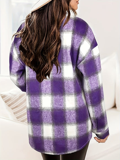 Women's Versatile Denim Plaid Jacket – Khaki / Purple detail view