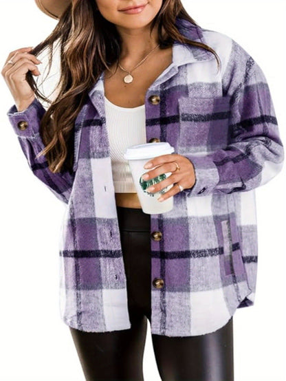 Women's Versatile Denim Plaid Jacket – Khaki / Purple – Khaki option – view 2
