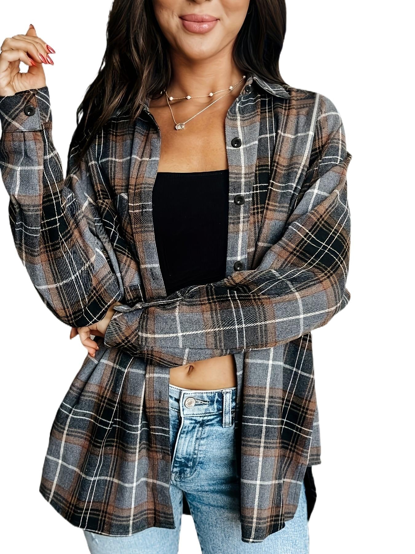 Women's Versatile Denim Plaid Shacket – Dark Gray detail view