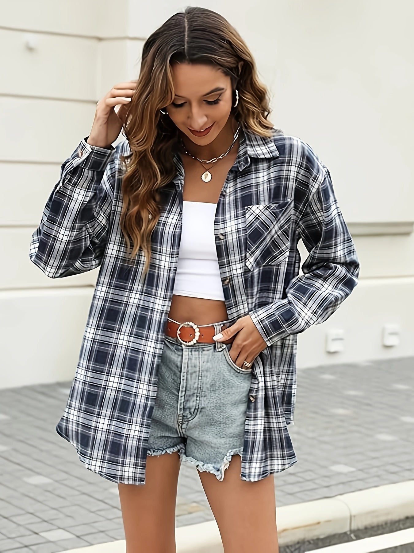 Women's Versatile Denim Plaid Shacket – Denim Wash 41381 detail view