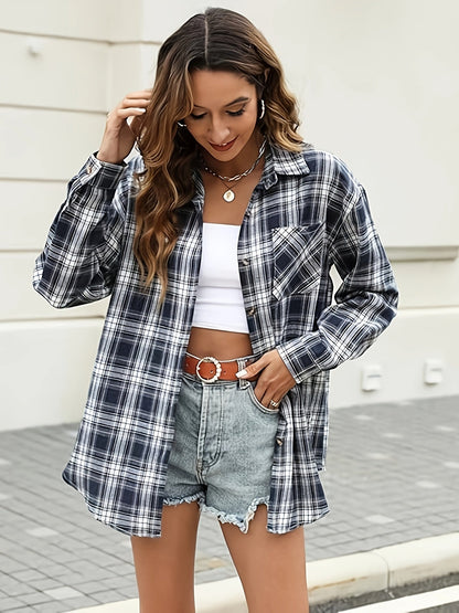 Women's Versatile Denim Plaid Shacket – Denim Wash 41381 detail view