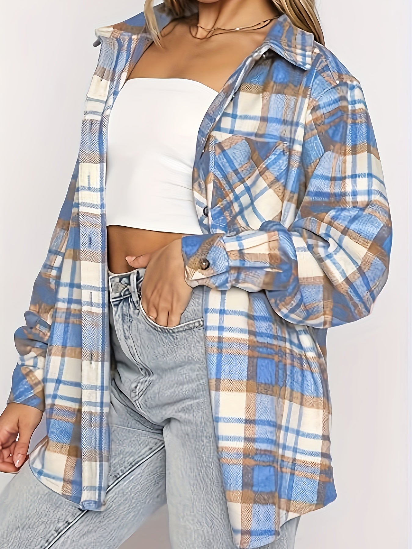 Women's Versatile Denim Plaid Shacket – Denim Wash 41381 detail view