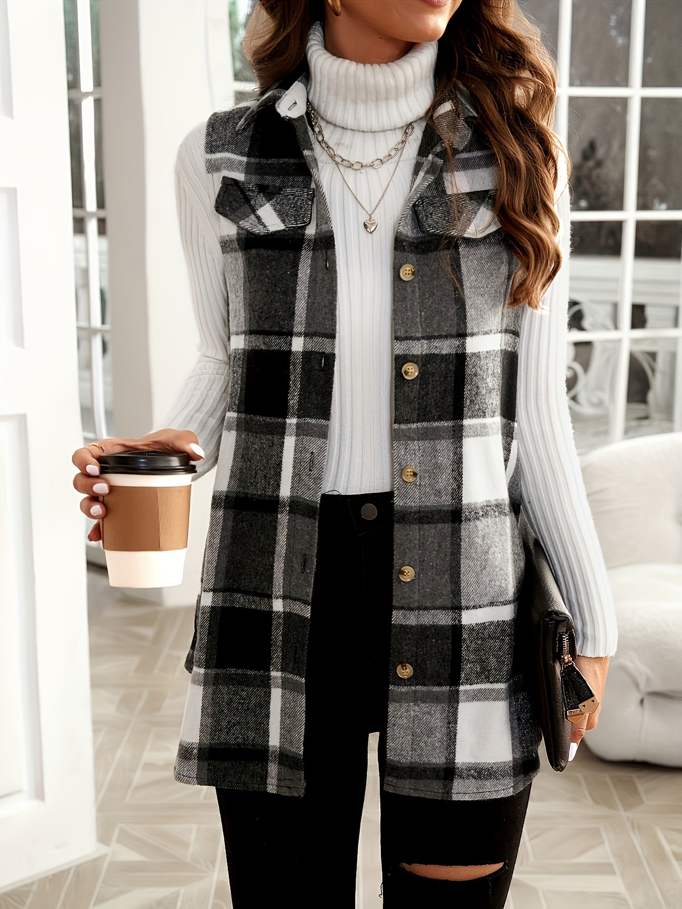 Women's Versatile Denim Plaid Shacket – Pink detail view