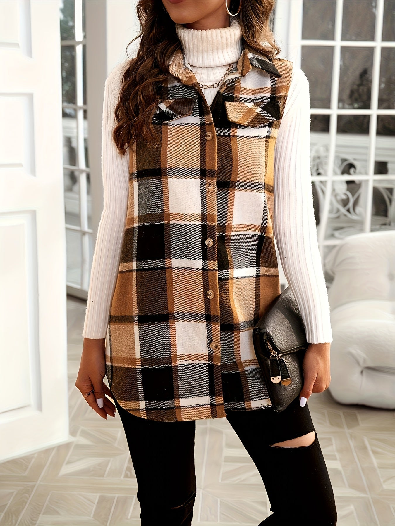 Women's Versatile Denim Plaid Shacket – Pink detail view