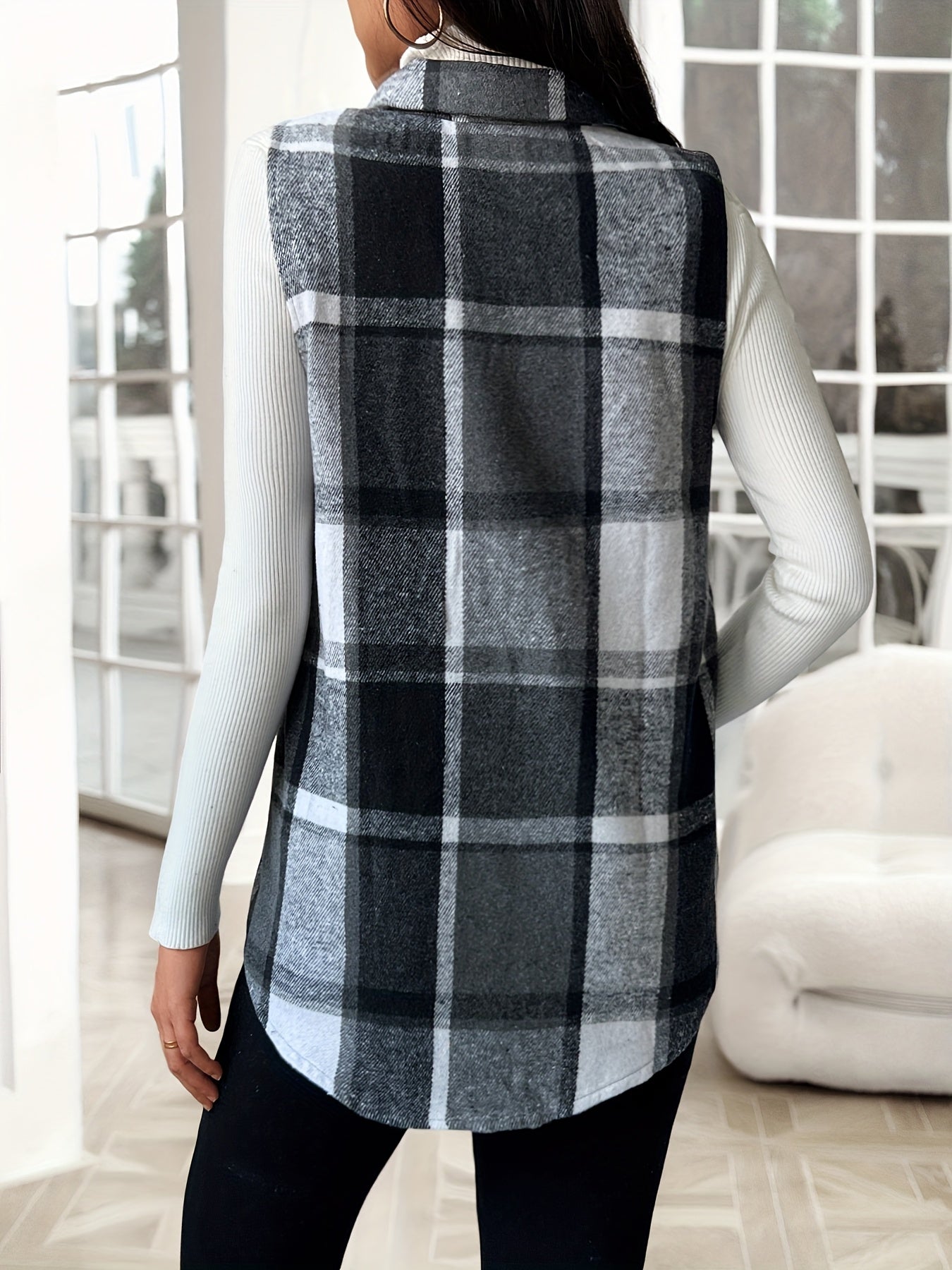 Women's Versatile Denim Plaid Vest detail view